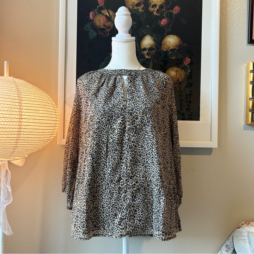 Vince Camuto Brown & Gold Leopard Print 3/4 Sleeve Relaxed Blouse M